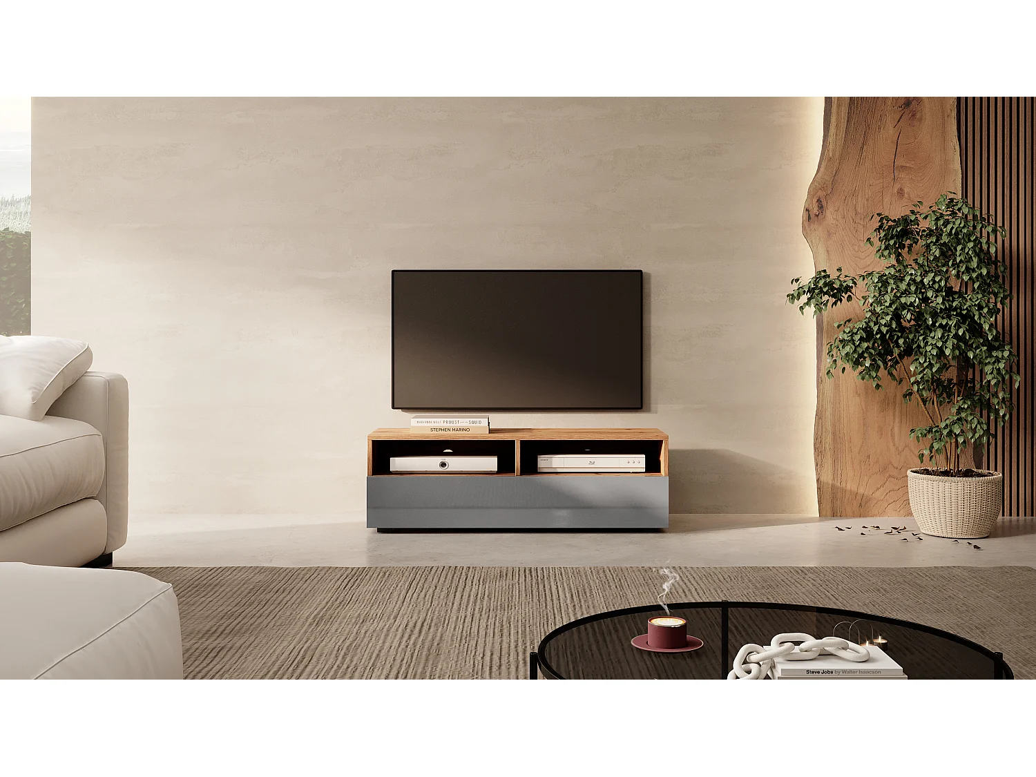 Meuble TV - 100 cm - chêne wotan / gris brillant - REDNAW