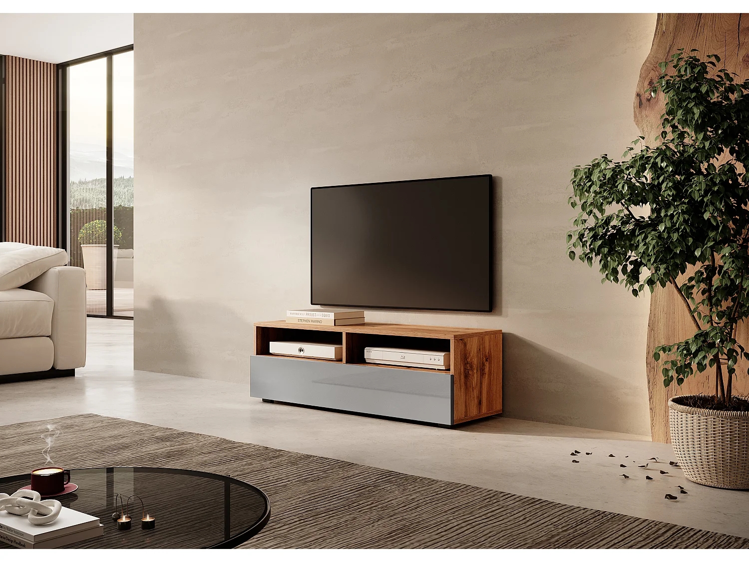 Mobile TV / Mobile soggiorno - design moderno - rovere wotan / grigio lucido - 100 cm - Rednaw