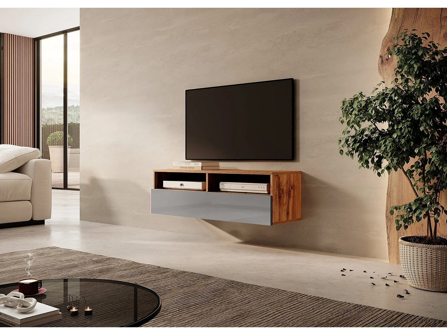 Mobile TV / Mobile soggiorno - design moderno - rovere wotan / grigio lucido - 100 cm - Rednaw