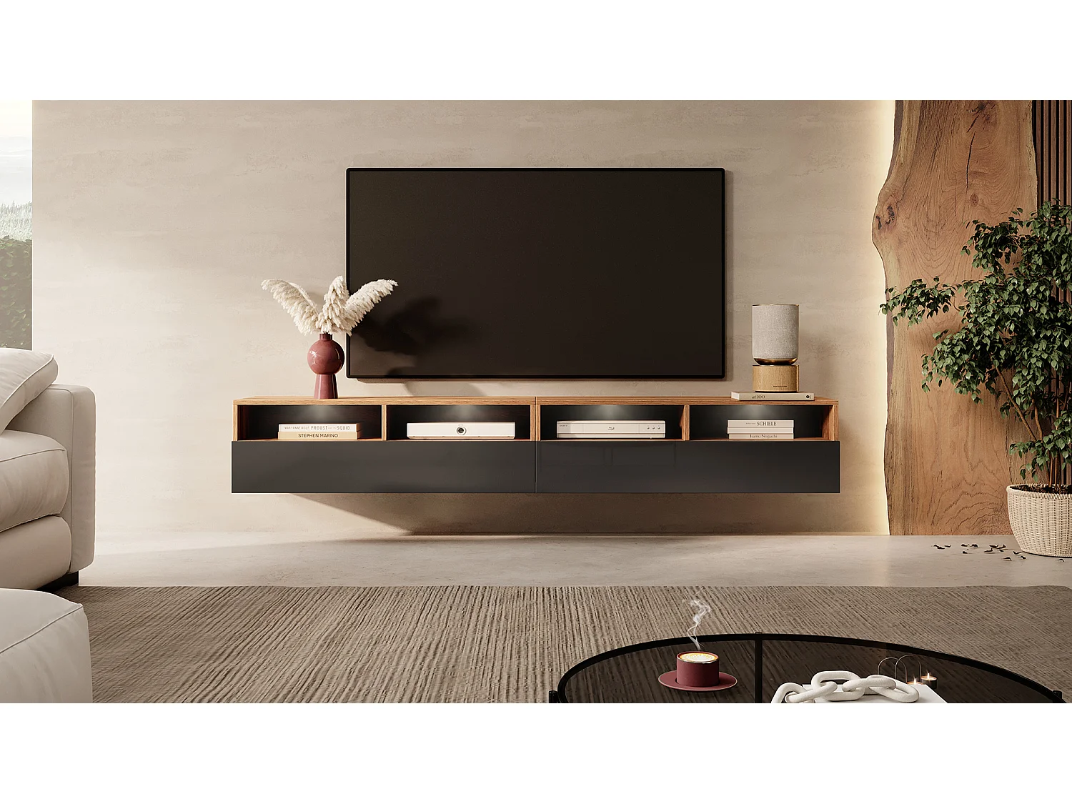 Meuble TV - 2x100 cm - chêne wotan / noir brillant - avec LED - REDNAW