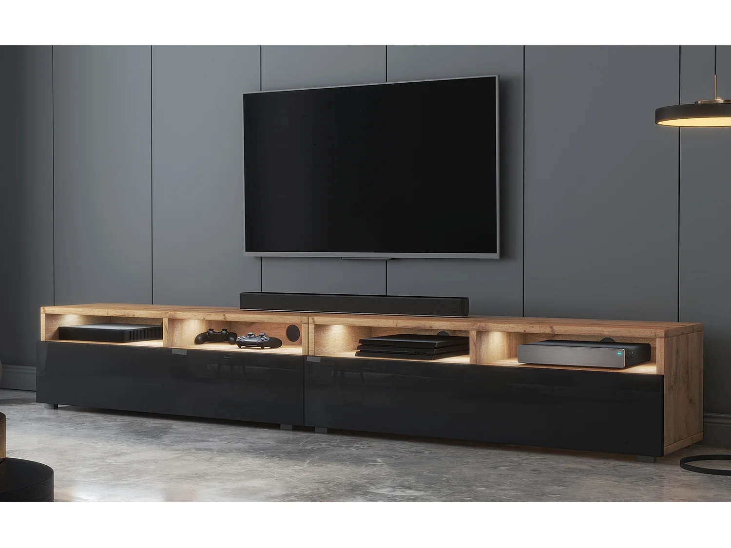 Meuble TV - 2x100 cm - chêne wotan / noir brillant - avec LED - REDNAW