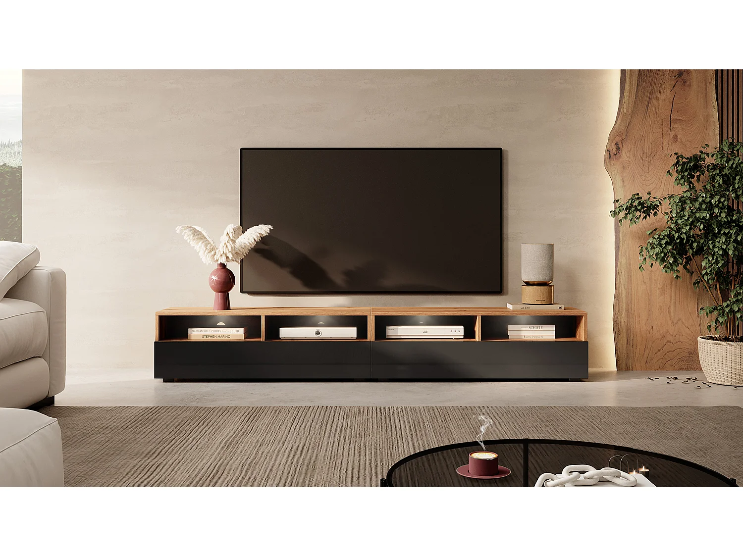 Meuble TV - 2x100 cm - chêne wotan / noir brillant - avec LED - REDNAW