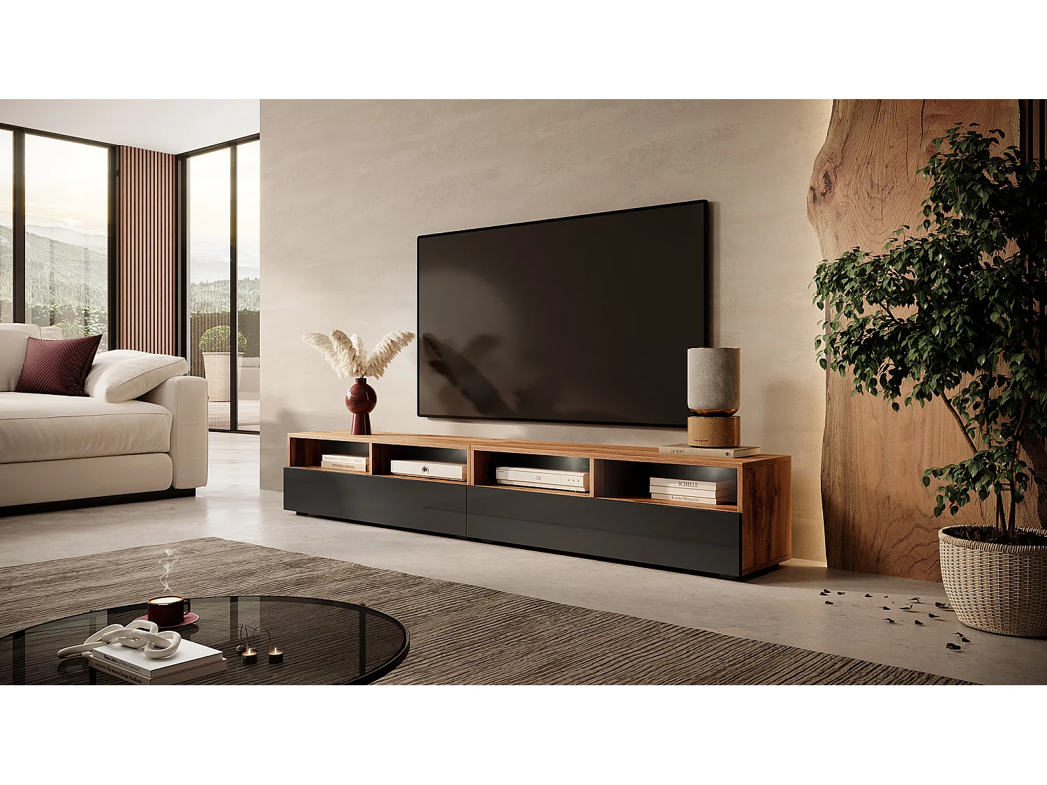 Meuble TV - 2x100 cm - chêne wotan / noir brillant - avec LED - REDNAW