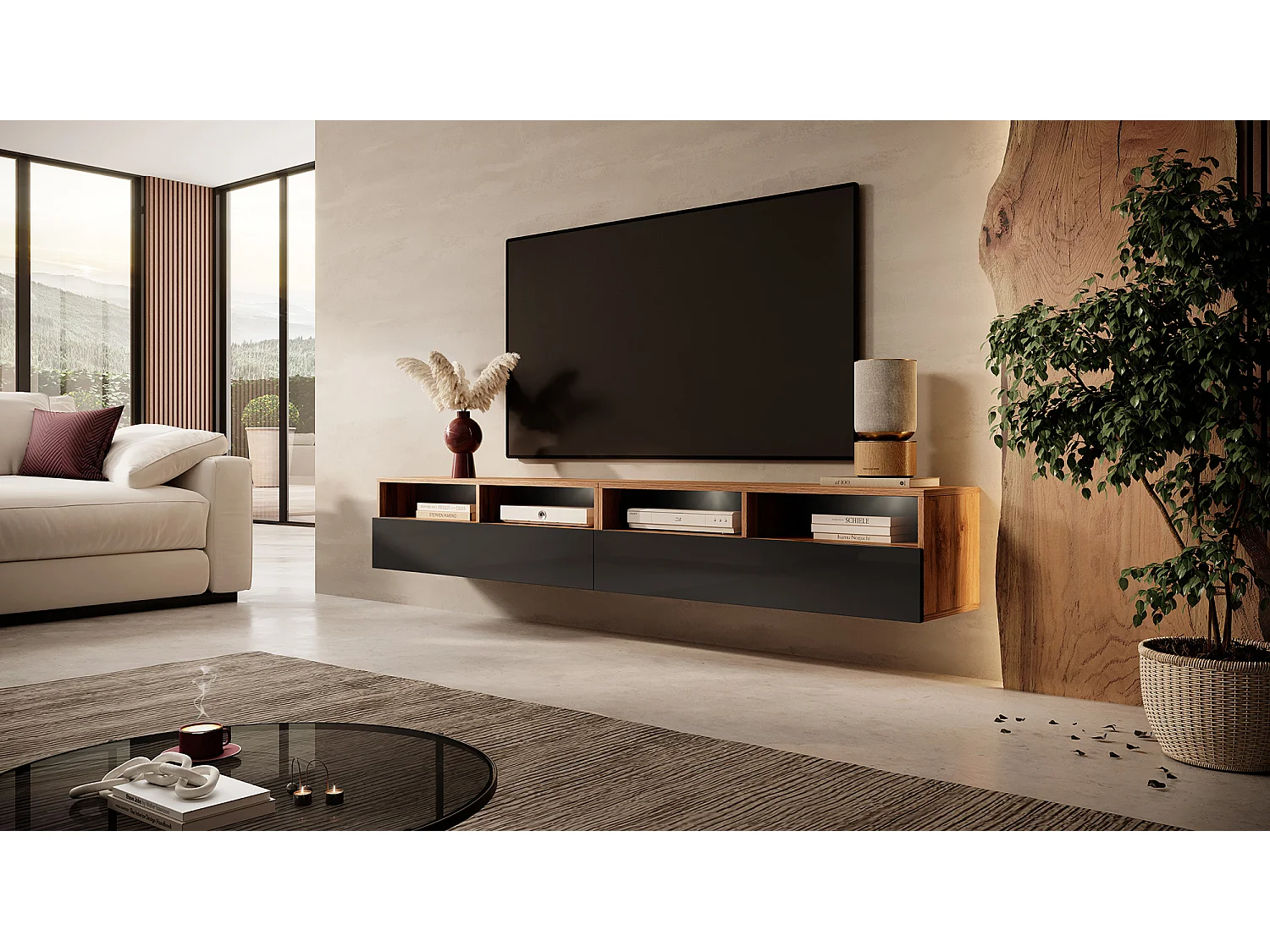 Meuble TV - 2x100 cm - chêne wotan / noir brillant - avec LED - REDNAW