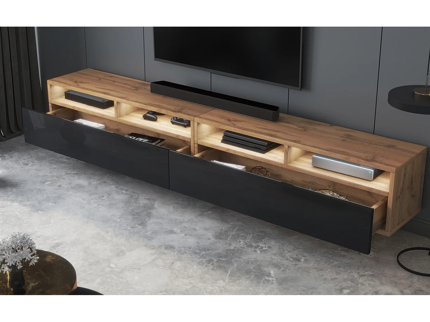Meuble TV - 2x100 cm - chêne wotan / noir brillant - avec LED - REDNAW