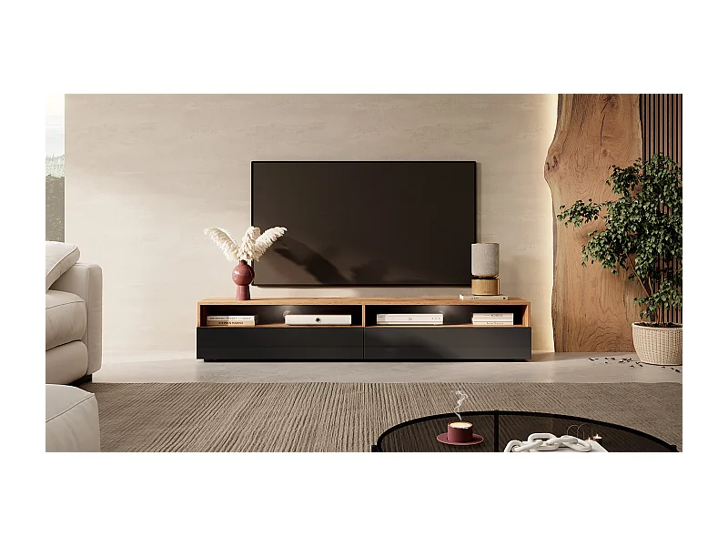 TV-Schrank / modernes TV-Board für Wohnzimmer, stehend / hängend, 180 cm breit (Wotan Eiche Matt / Schwarz Hochglanz mit LED) - Rednaw