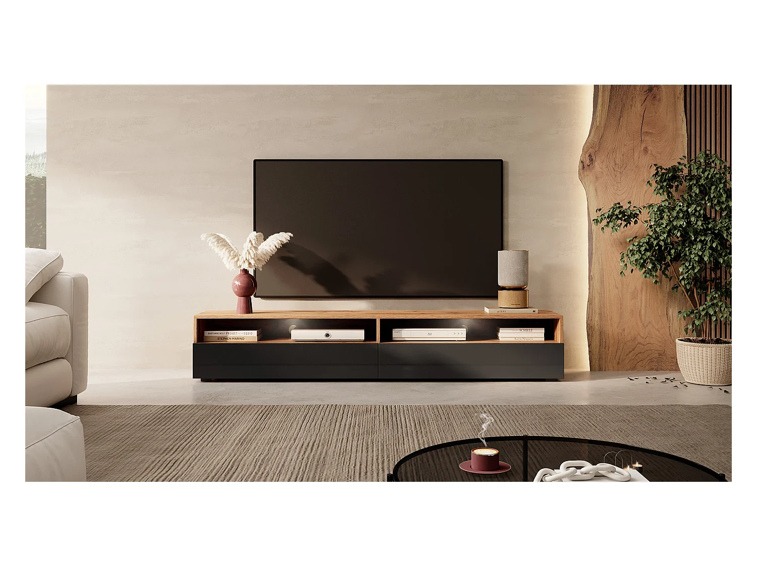 TV-Schrank / modernes TV-Board für Wohnzimmer, stehend / hängend, 180 cm breit (Wotan Eiche Matt / Schwarz Hochglanz mit LED) - Rednaw