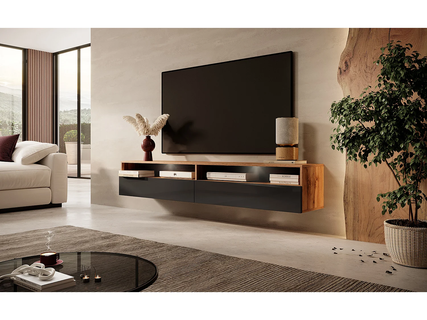 TV-Schrank / modernes TV-Board für Wohnzimmer, stehend / hängend, 180 cm breit (Wotan Eiche Matt / Schwarz Hochglanz mit LED) - Rednaw