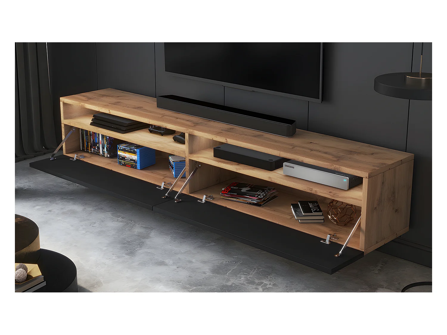 TV-Schrank / modernes TV-Board für Wohnzimmer, stehend / hängend, 180 cm breit (Wotan Eiche Matt / Schwarz Hochglanz mit LED) - Rednaw
