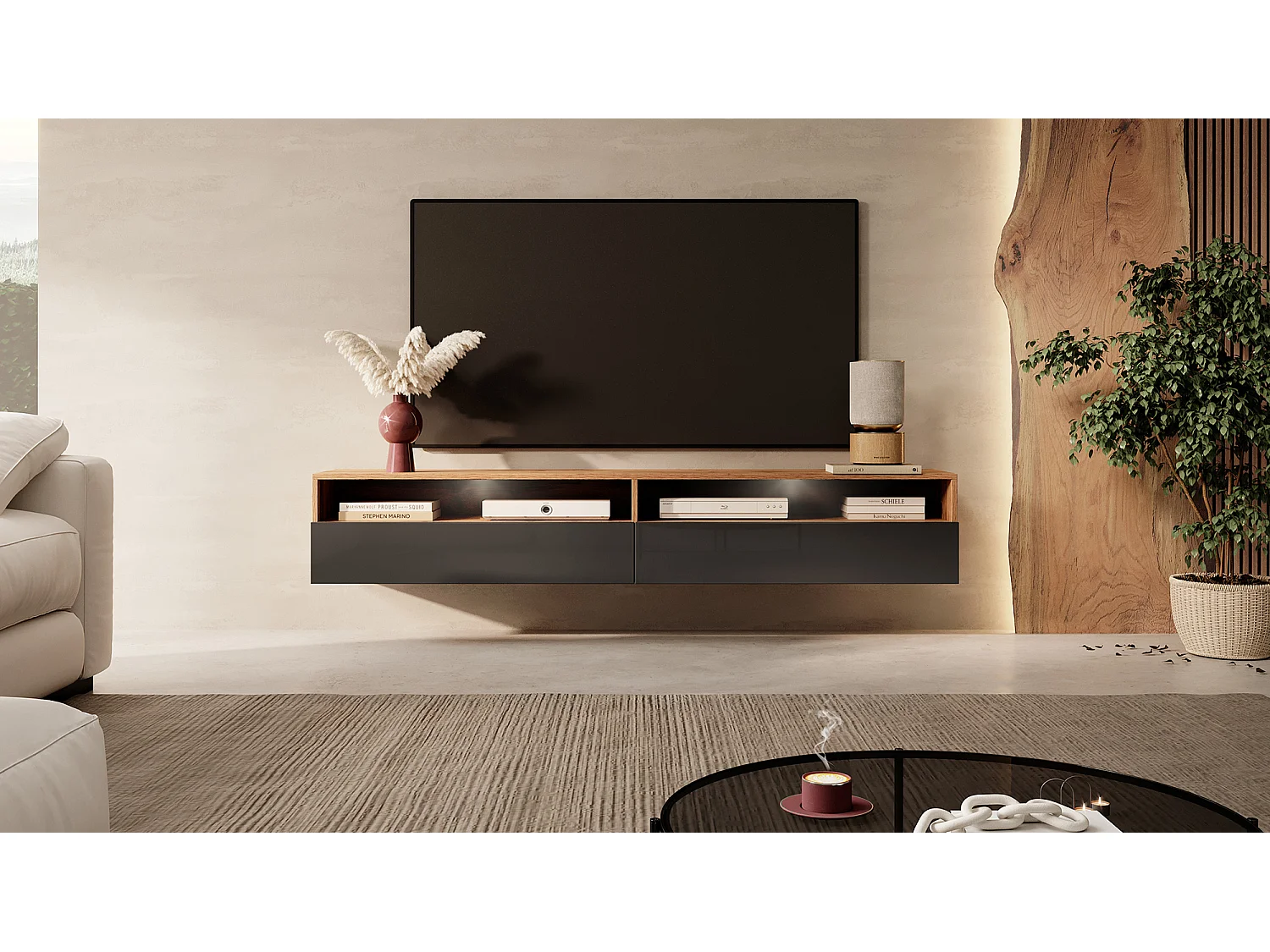 Meuble TV - 180 cm - chêne wotan / noir brillant - avec LED - REDNAW