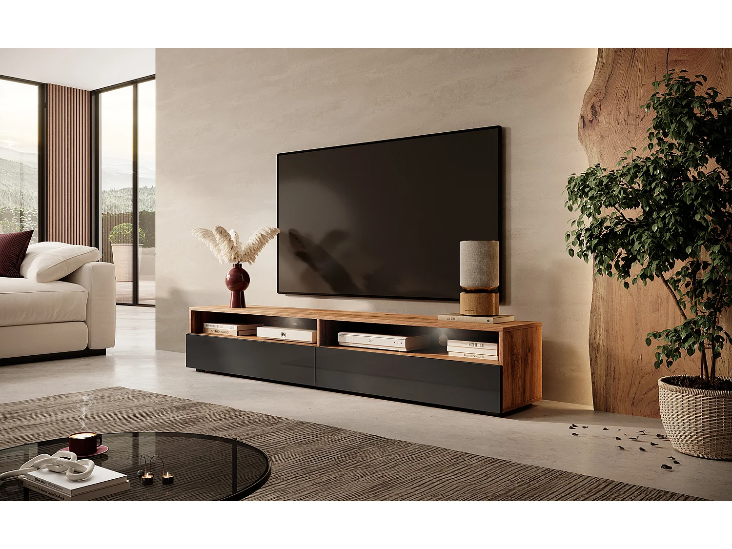 Meuble TV - 180 cm - chêne wotan / noir brillant - avec LED - REDNAW