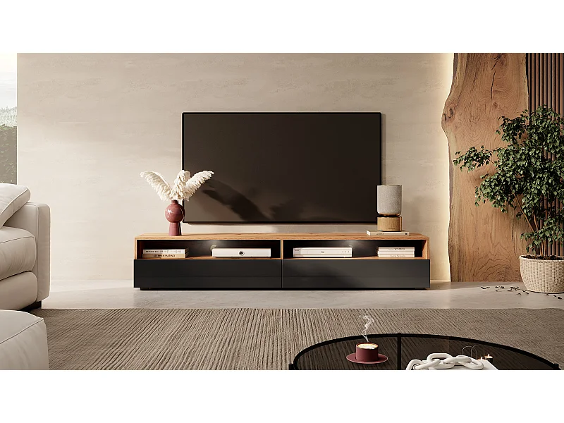 Meuble TV - 180 cm - chêne wotan / noir brillant - avec LED - REDNAW