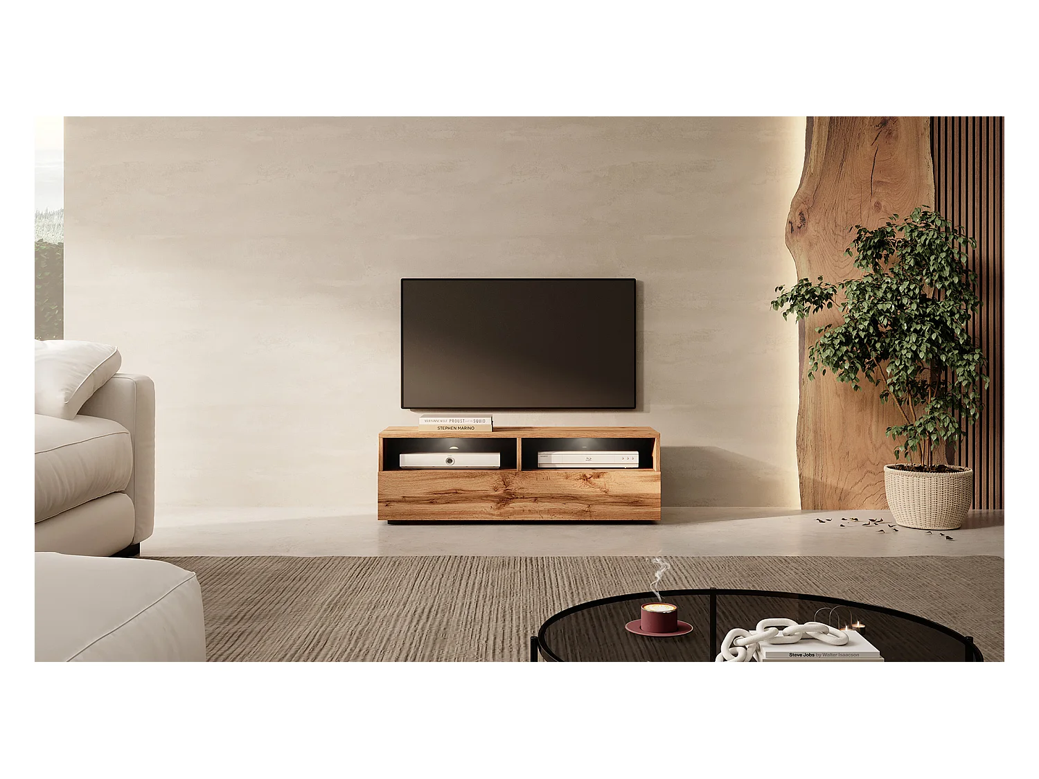 Meuble TV - 100 cm - chêne wotan - avec LED - REDNAW