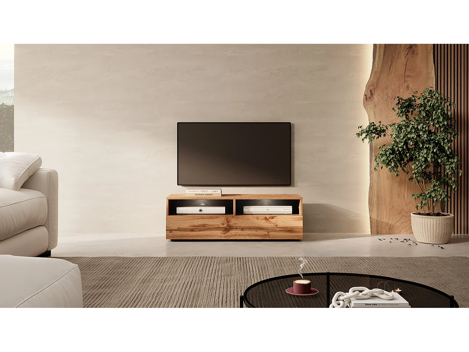 Meuble TV - 100 cm - chêne wotan - avec LED - REDNAW
