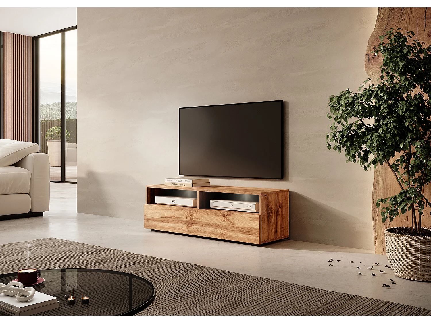 Meuble TV - 100 cm - chêne wotan - avec LED - REDNAW