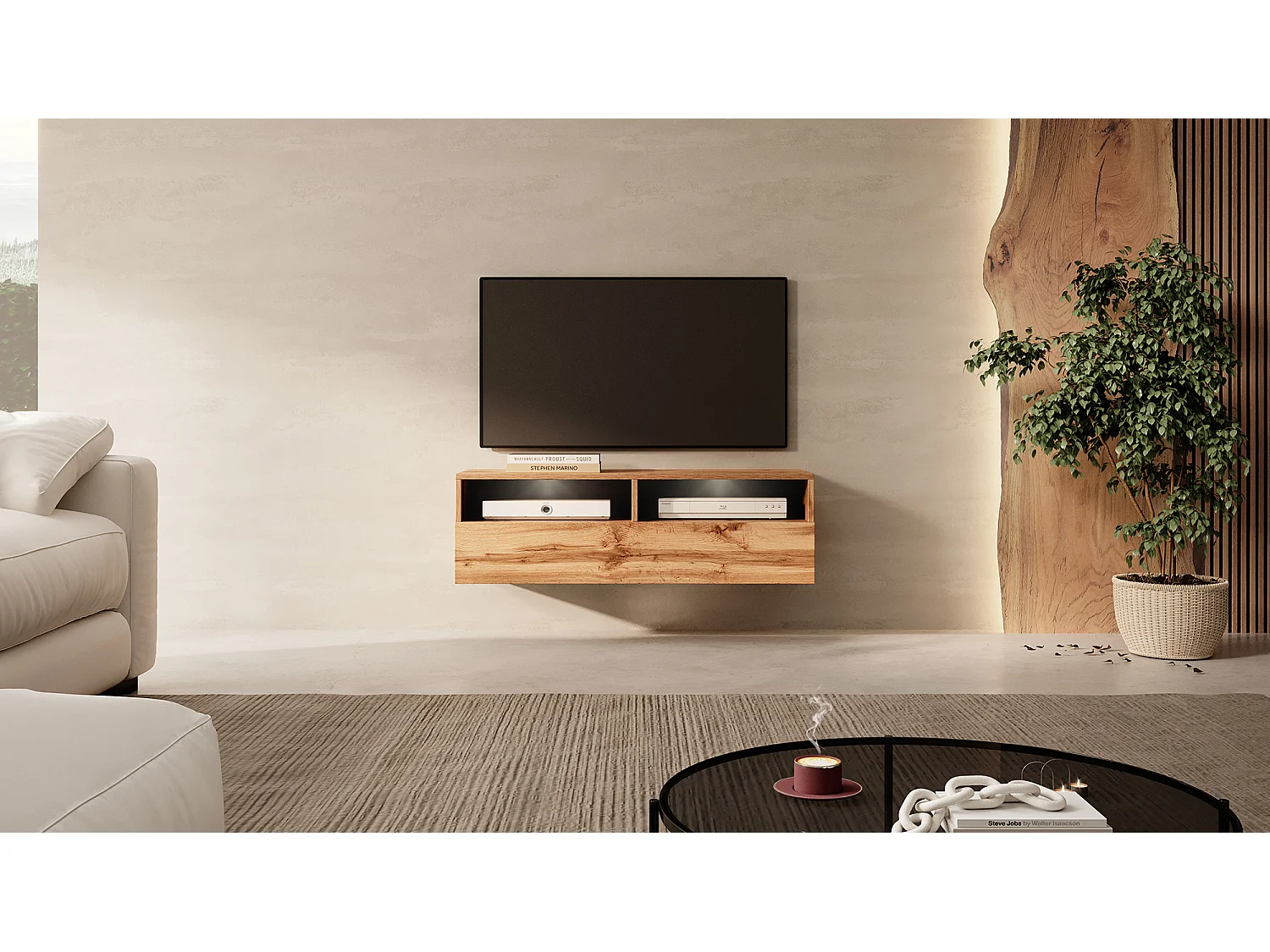 Meuble TV - 100 cm - chêne wotan - avec LED - REDNAW