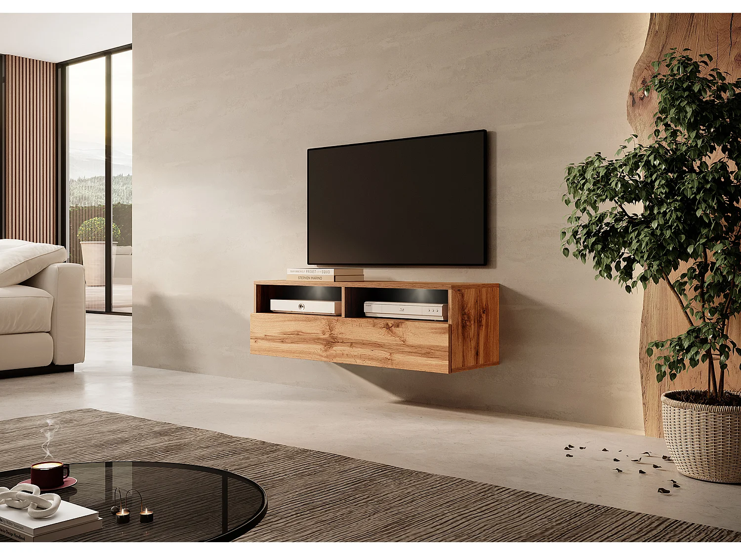 Meuble TV - 100 cm - chêne wotan - avec LED - REDNAW