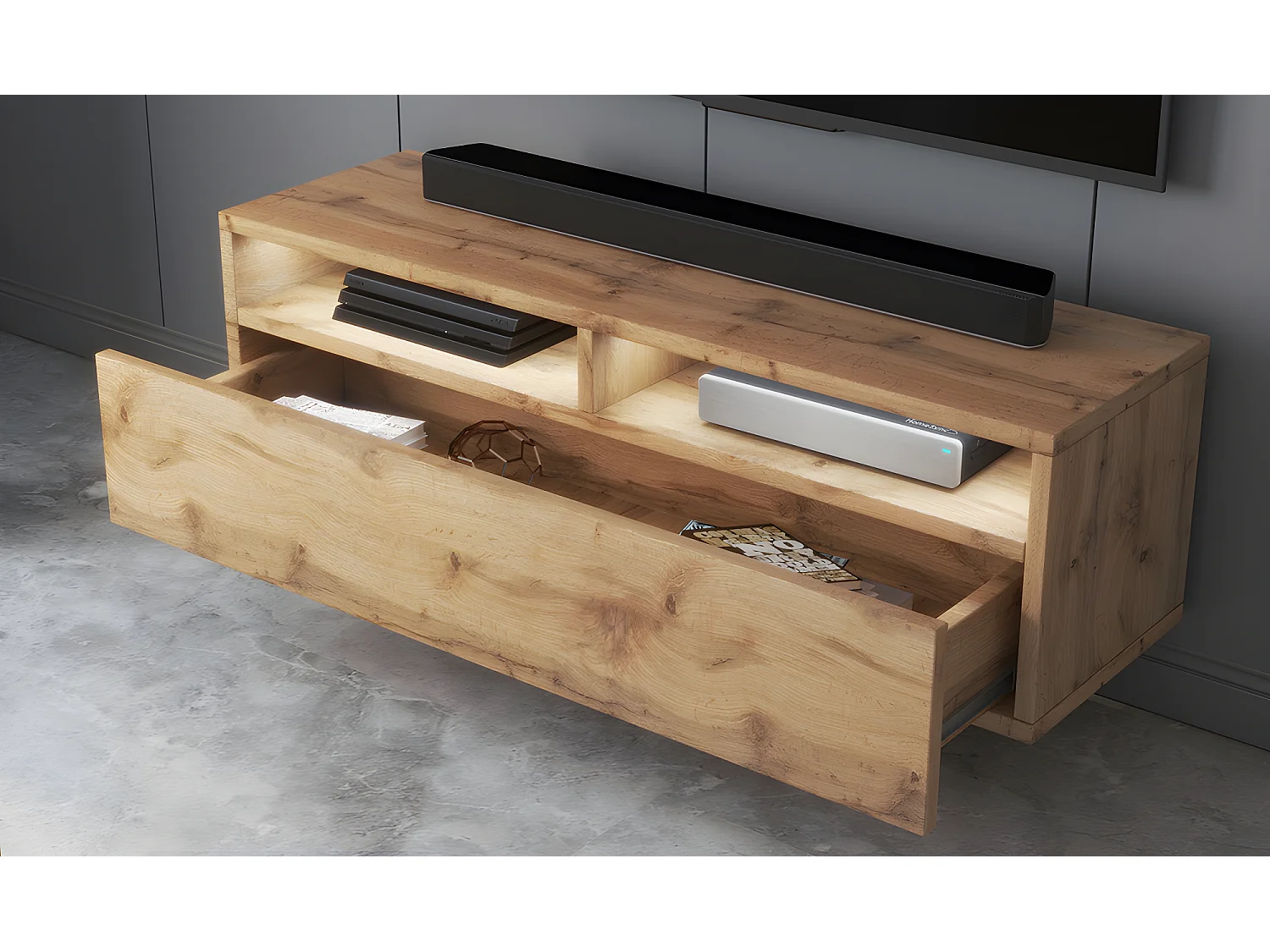Meuble TV - 100 cm - chêne wotan - avec LED - REDNAW