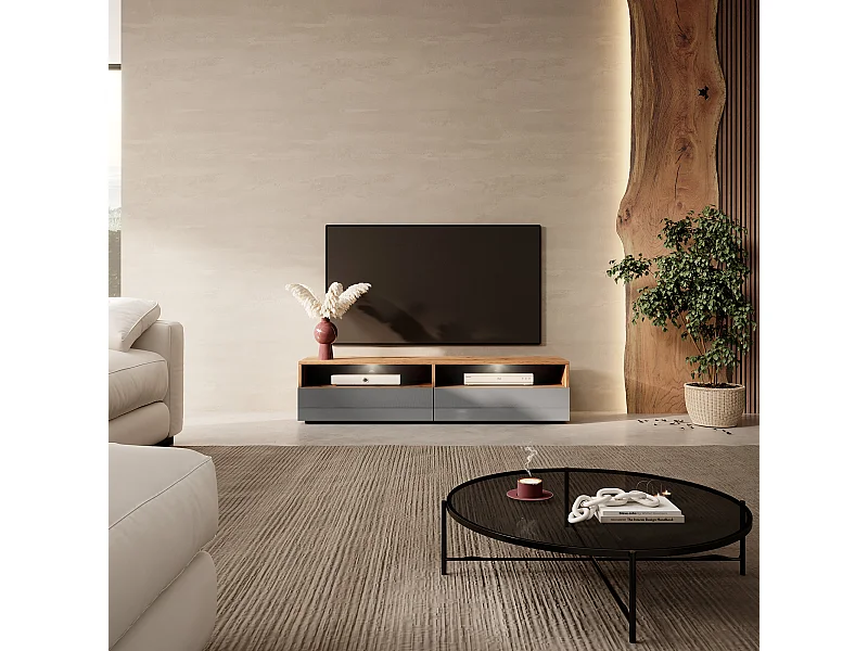 TV-Schrank / modernes TV-Board für Wohnzimmer, stehend / hängend, 140 cm breit (Wotan Eiche Matt / Grau Hochglanz mit LED) - Rednaw