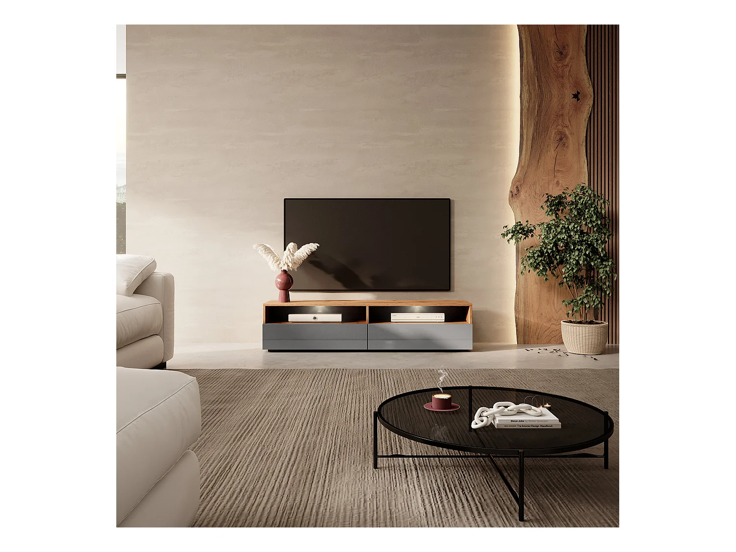 TV-Schrank / modernes TV-Board für Wohnzimmer, stehend / hängend, 140 cm breit (Wotan Eiche Matt / Grau Hochglanz mit LED) - Rednaw