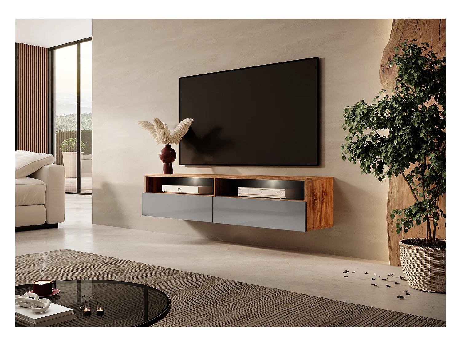 TV-Schrank / modernes TV-Board für Wohnzimmer, stehend / hängend, 140 cm breit (Wotan Eiche Matt / Grau Hochglanz mit LED) - Rednaw