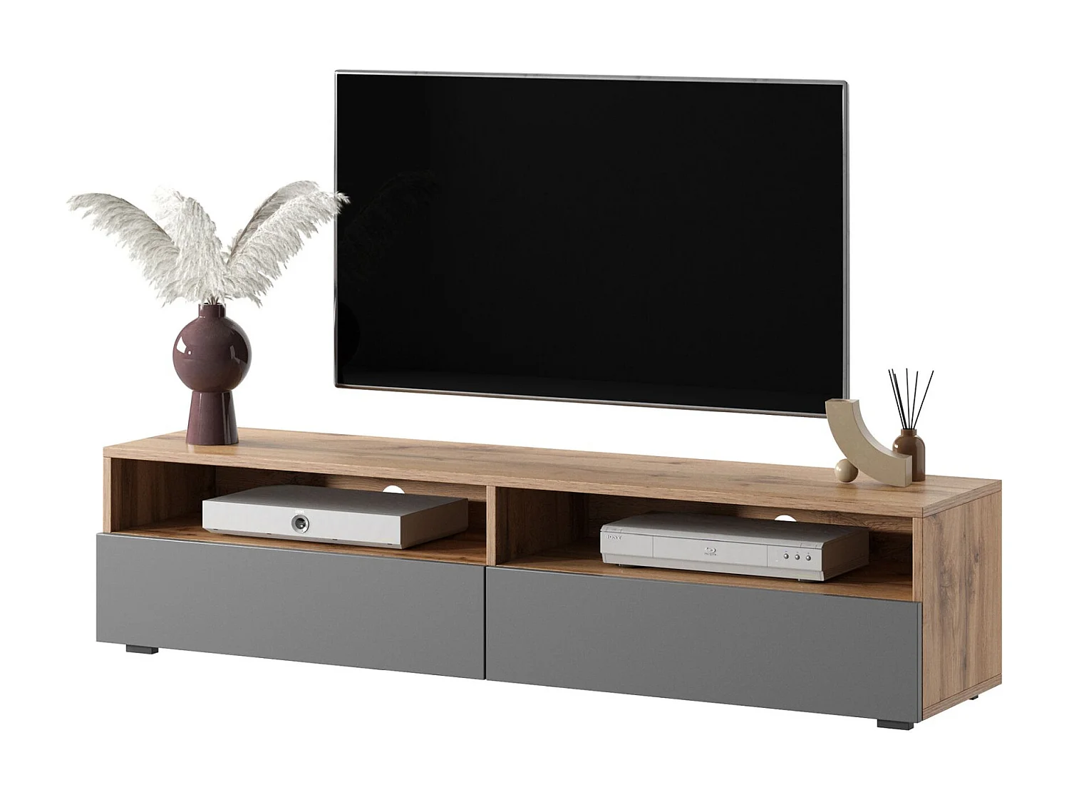 TV-Schrank / modernes TV-Board für Wohnzimmer, stehend / hängend, 140 cm breit (Wotan Eiche Matt / Grau Hochglanz mit LED) - Rednaw