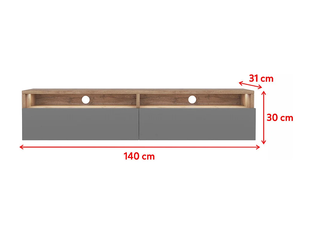 TV-Schrank / modernes TV-Board für Wohnzimmer, stehend / hängend, 140 cm breit (Wotan Eiche Matt / Grau Hochglanz mit LED) - Rednaw