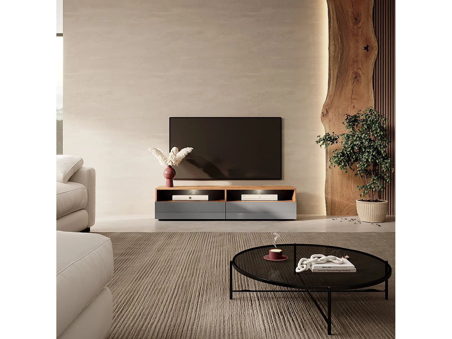 Meuble TV - 140 cm - chêne wotan / gris brillant - avec LED - REDNAW