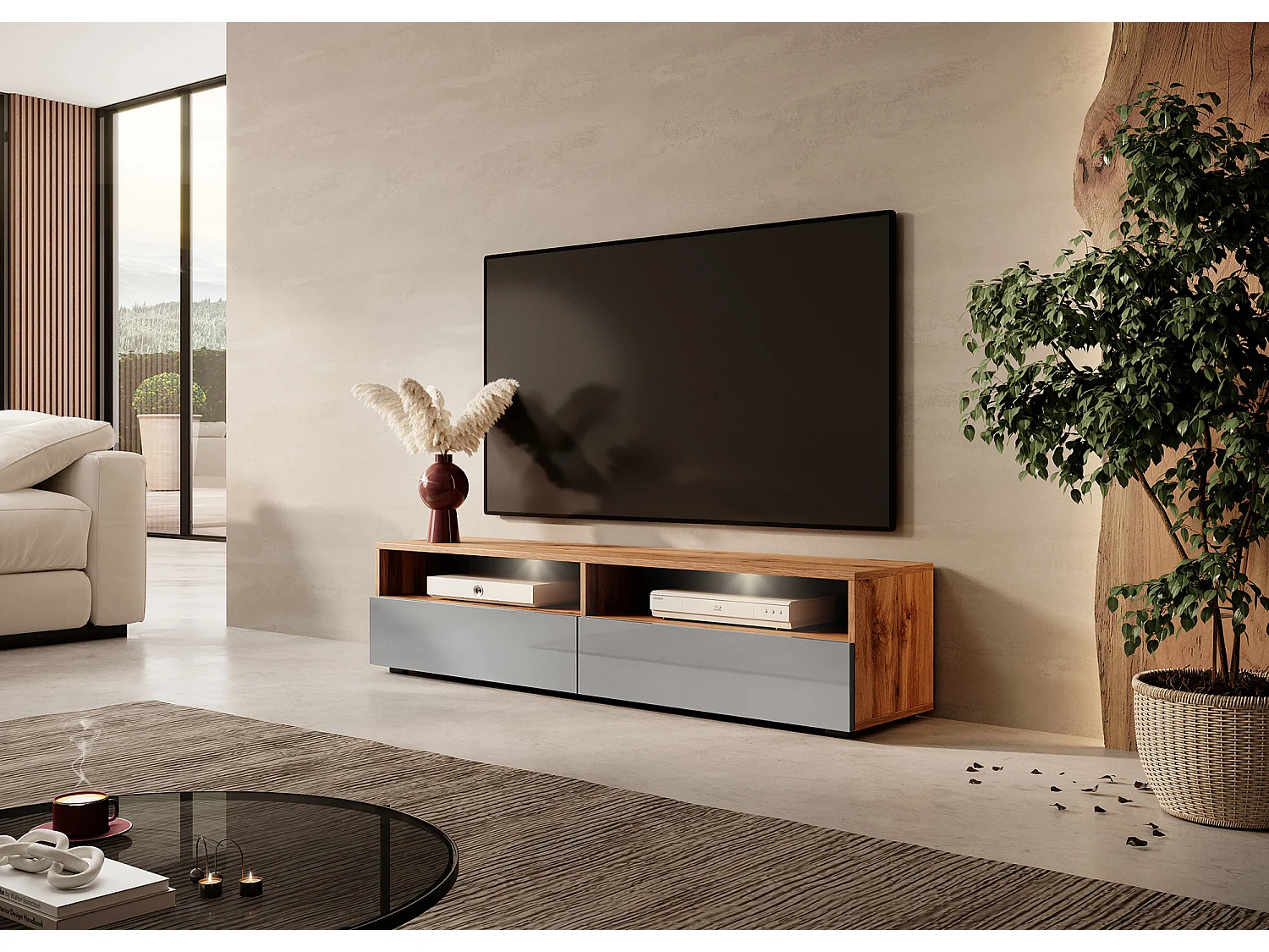 Meuble TV - 140 cm - chêne wotan / gris brillant - avec LED - REDNAW