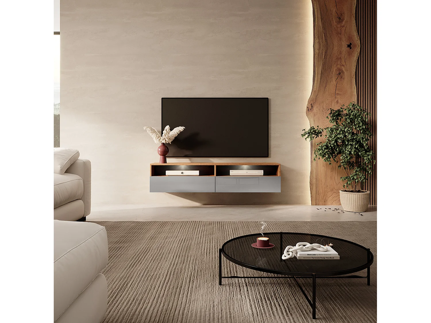 Meuble TV - 140 cm - chêne wotan / gris brillant - avec LED - REDNAW