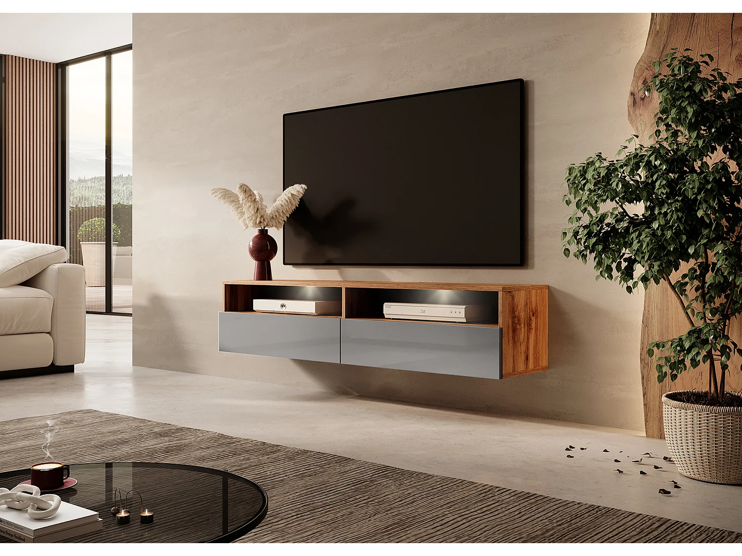Meuble TV - 140 cm - chêne wotan / gris brillant - avec LED - REDNAW