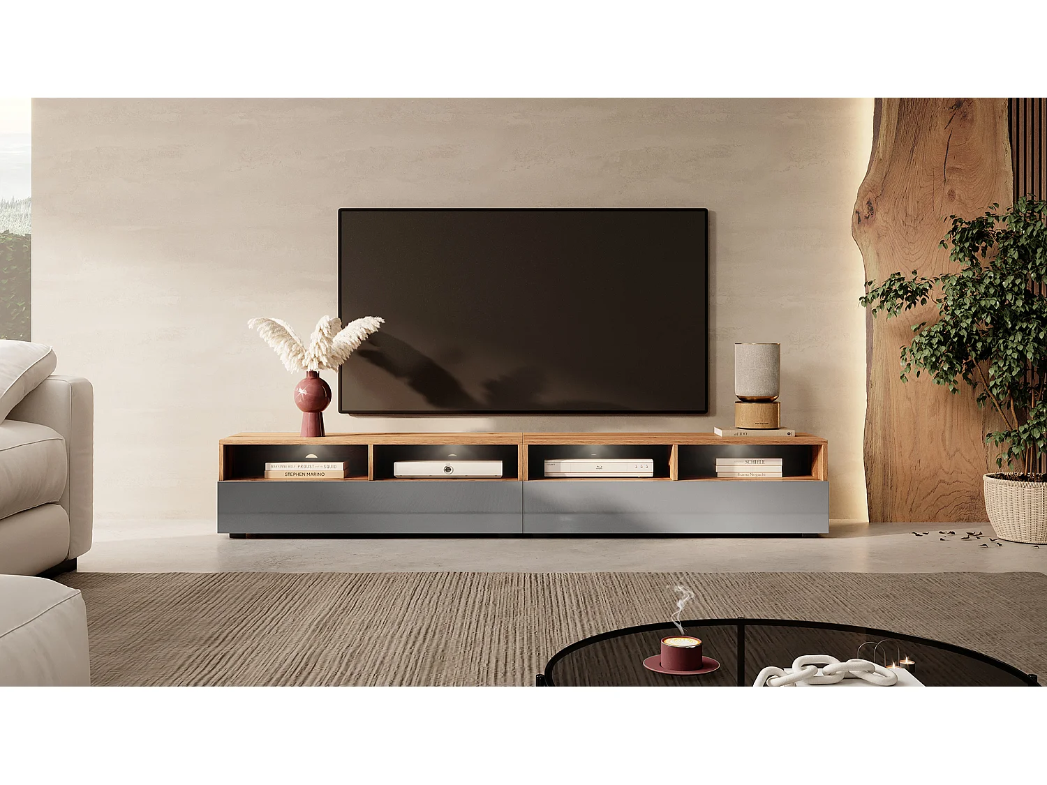 TV-Schrank / modernes TV-Board für Wohnzimmer, stehend / hängend, 200 cm breit (Wotan Eiche Matt / Grau Hochglanz mit LED) - Rednaw