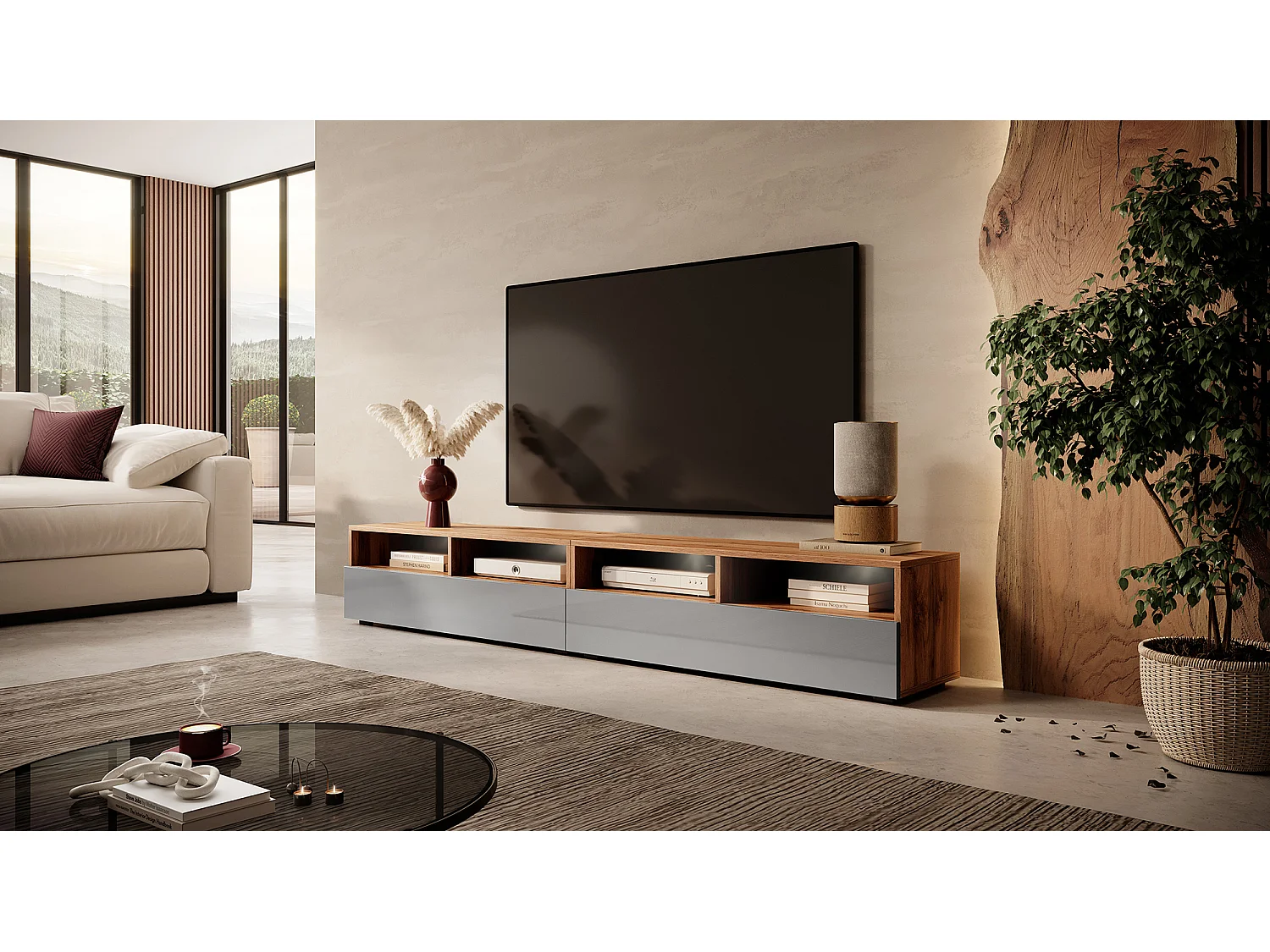 TV-Schrank / modernes TV-Board für Wohnzimmer, stehend / hängend, 200 cm breit (Wotan Eiche Matt / Grau Hochglanz mit LED) - Rednaw