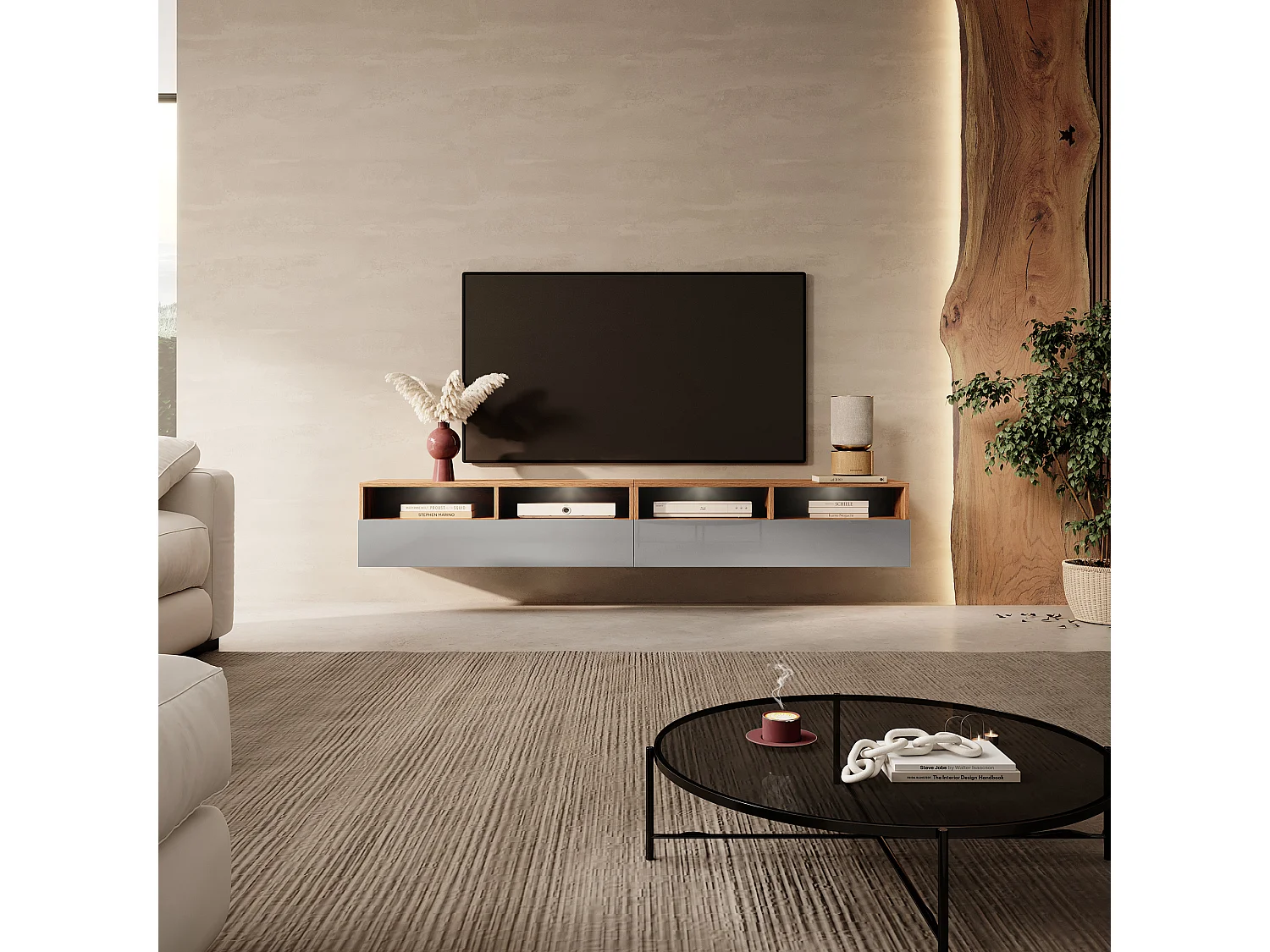 TV-Schrank / modernes TV-Board für Wohnzimmer, stehend / hängend, 200 cm breit (Wotan Eiche Matt / Grau Hochglanz mit LED) - Rednaw