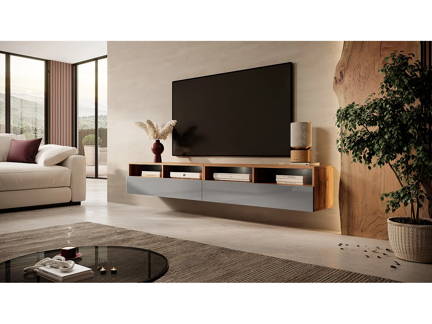 TV-Schrank / modernes TV-Board für Wohnzimmer, stehend / hängend, 200 cm breit (Wotan Eiche Matt / Grau Hochglanz mit LED) - Rednaw