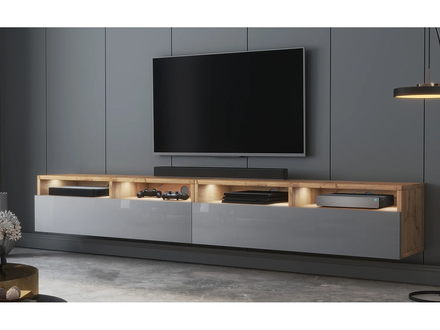 TV-Schrank / modernes TV-Board für Wohnzimmer, stehend / hängend, 200 cm breit (Wotan Eiche Matt / Grau Hochglanz mit LED) - Rednaw