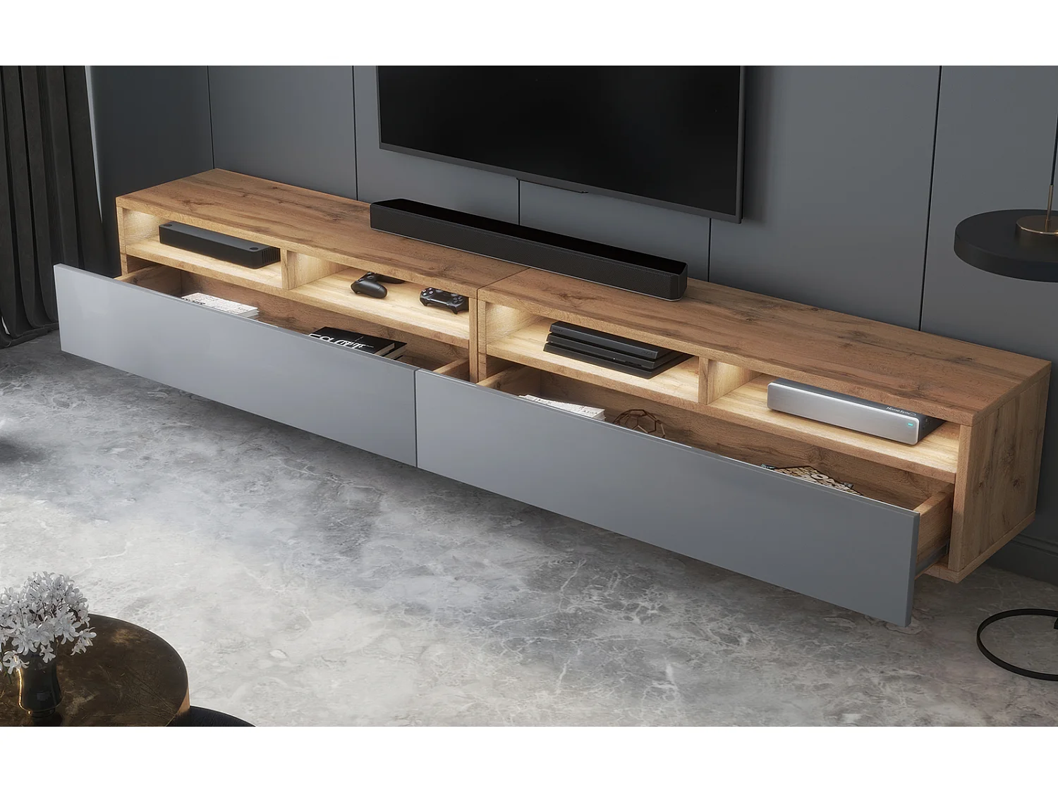 TV-Schrank / modernes TV-Board für Wohnzimmer, stehend / hängend, 200 cm breit (Wotan Eiche Matt / Grau Hochglanz mit LED) - Rednaw