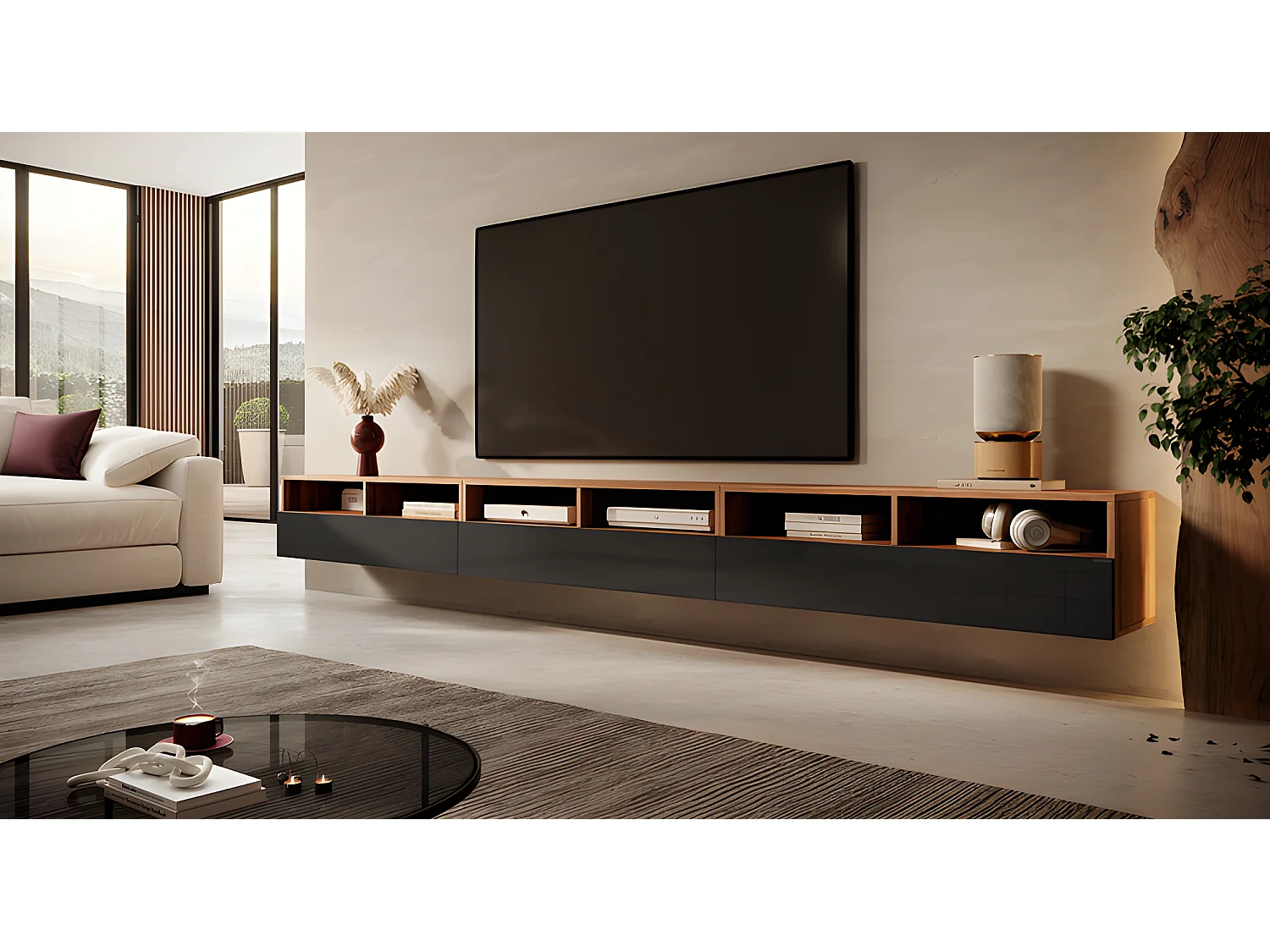 Meuble TV - 3x100 cm - chêne wotan / noir brillant - REDNAW