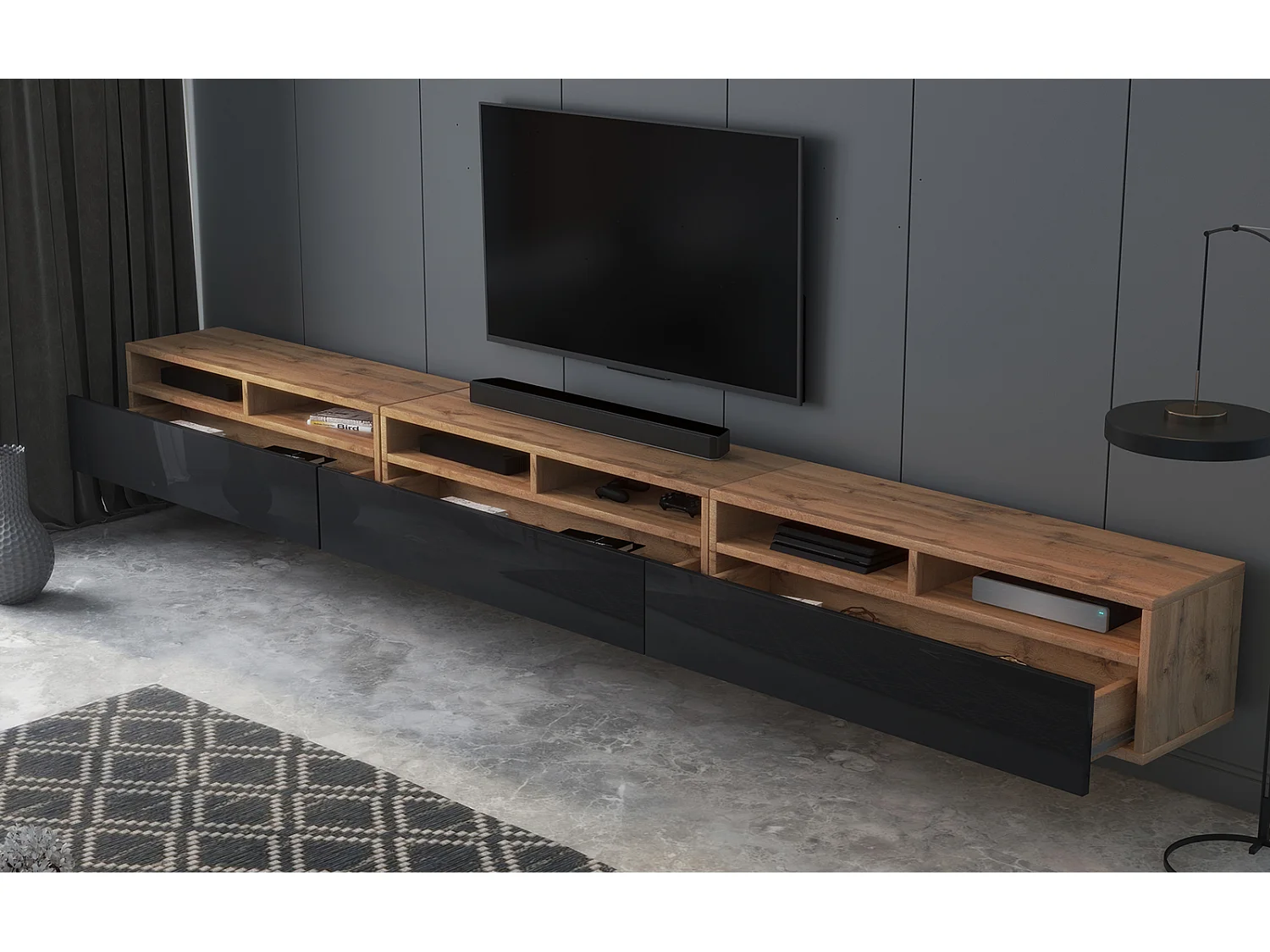 Meuble TV - 3x100 cm - chêne wotan / noir brillant - REDNAW