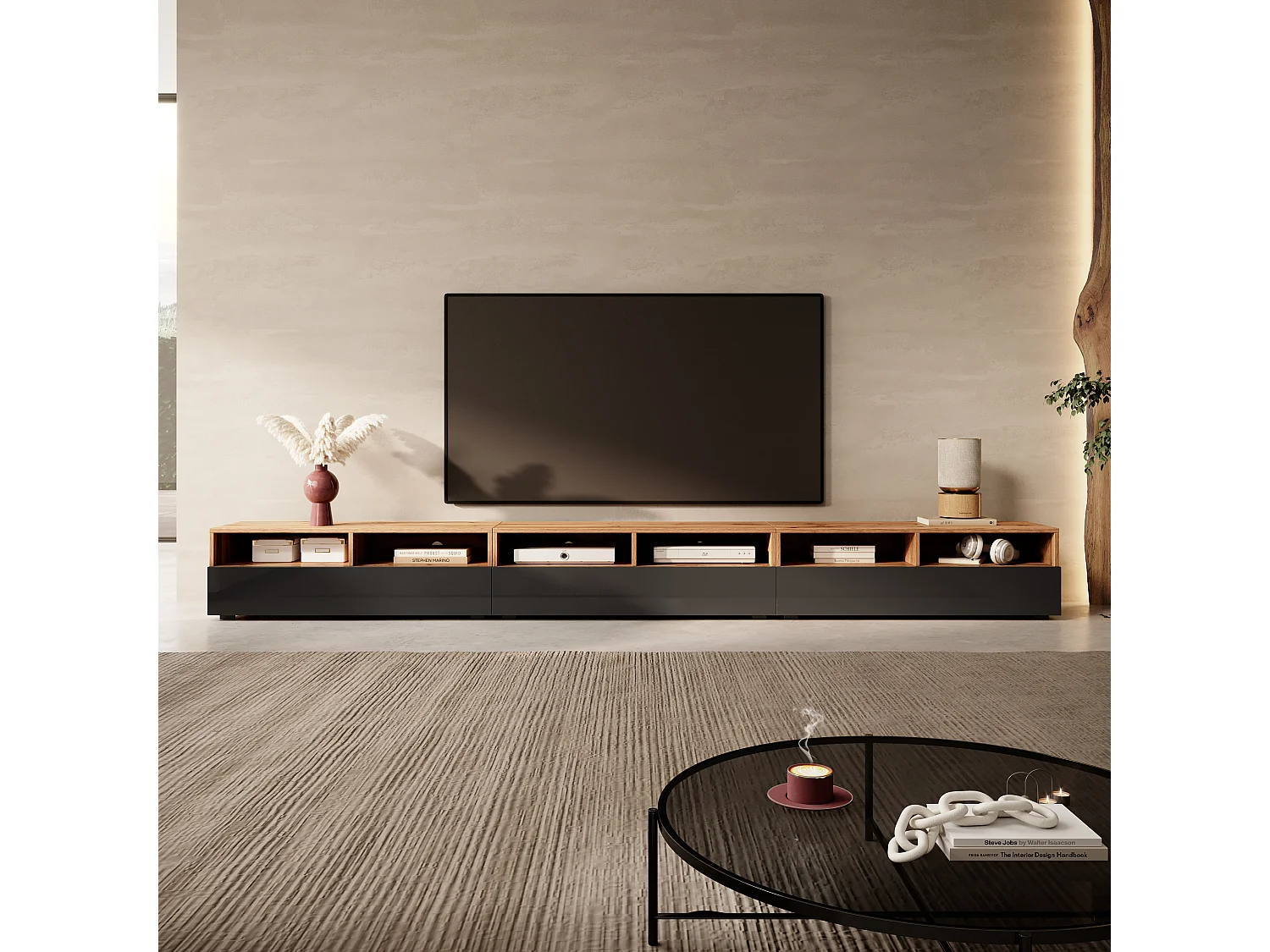 Meuble TV - 3x100 cm - chêne wotan / noir brillant - REDNAW