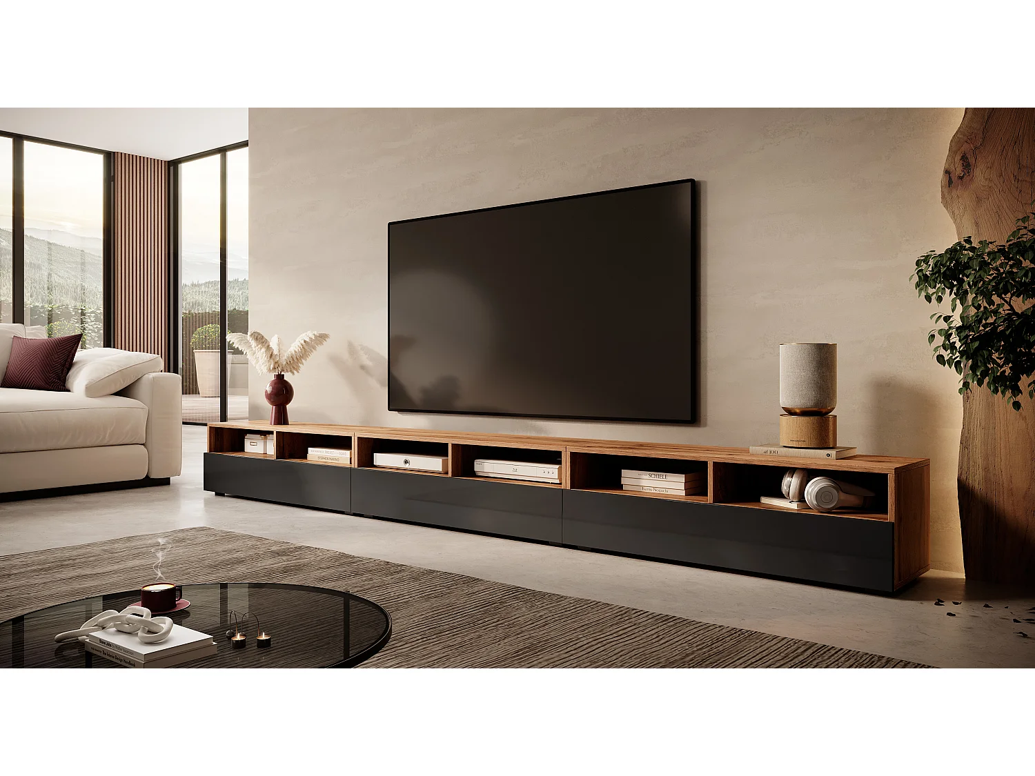 Meuble TV - 3x100 cm - chêne wotan / noir brillant - REDNAW