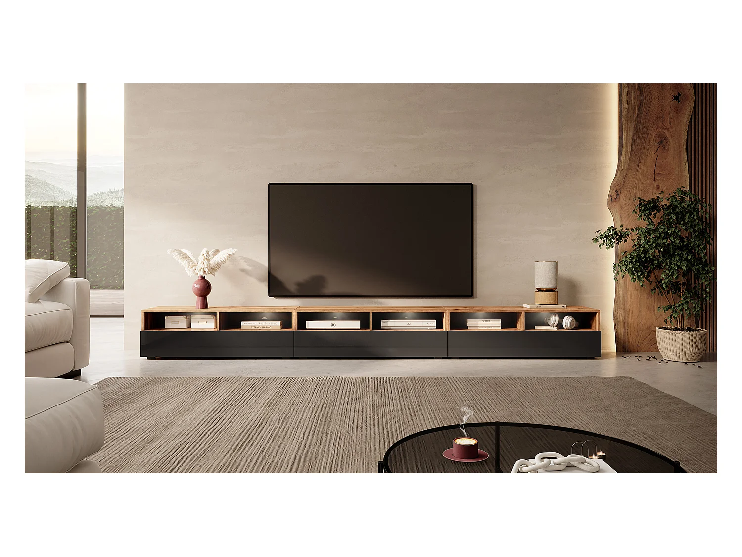 Meuble TV - 3x100 cm - chêne wotan / noir brillant - avec LED - REDNAW