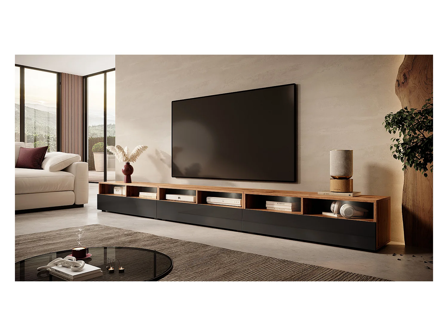 TV-Schrank / modernes TV-Board mit drei Schubladen, stehend / hängend, 300 cm breit (Wotan Eiche Matt / Schwarz Hochglanz mit LED) - Rednaw