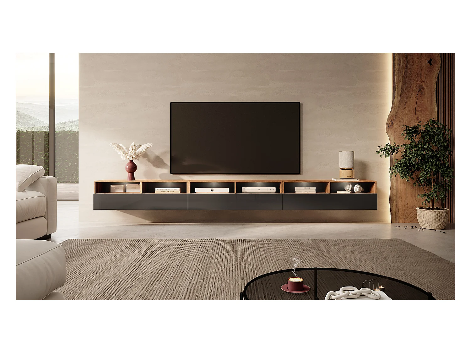 TV-Schrank / modernes TV-Board mit drei Schubladen, stehend / hängend, 300 cm breit (Wotan Eiche Matt / Schwarz Hochglanz mit LED) - Rednaw