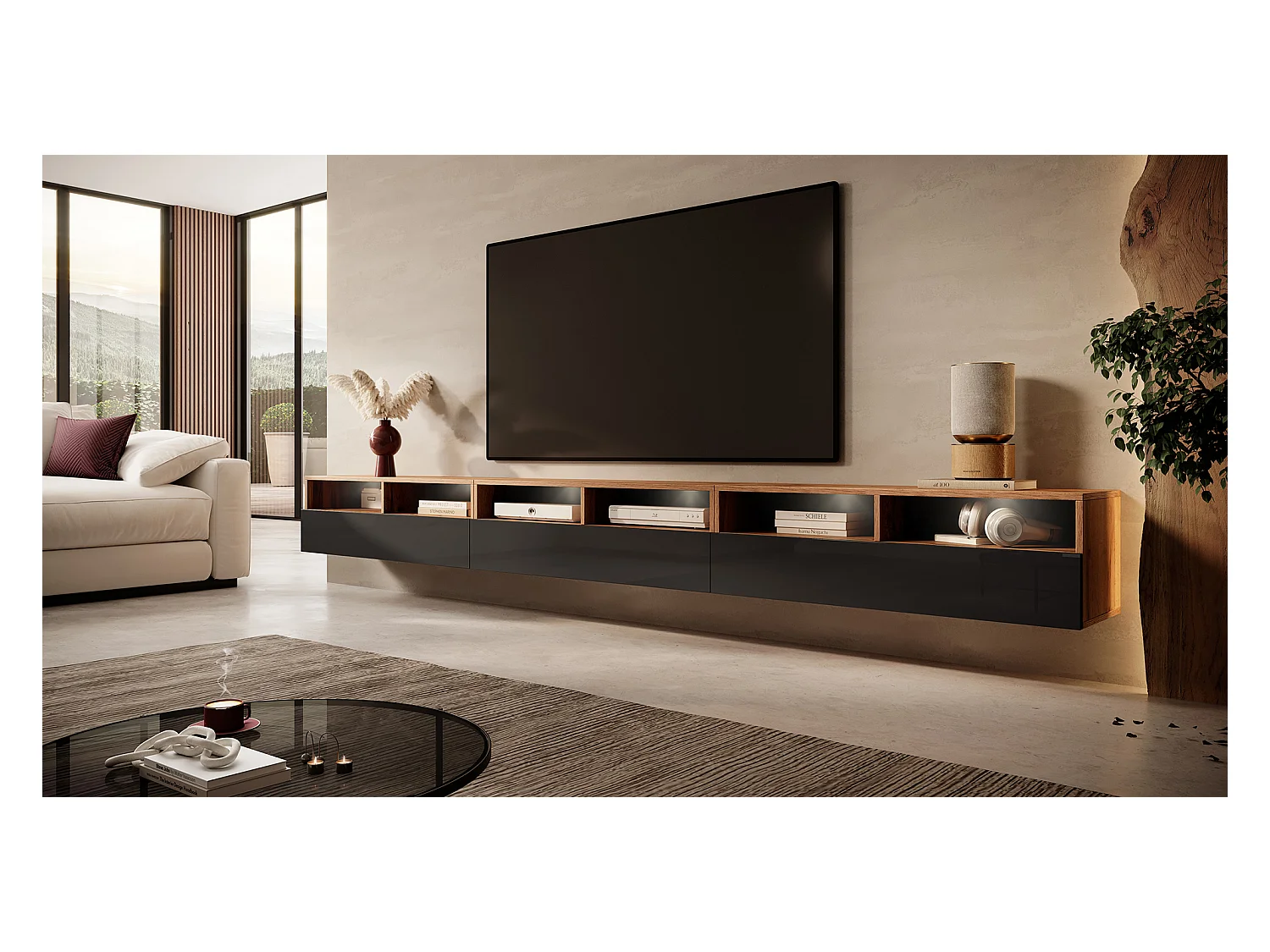 TV-Schrank / modernes TV-Board mit drei Schubladen, stehend / hängend, 300 cm breit (Wotan Eiche Matt / Schwarz Hochglanz mit LED) - Rednaw