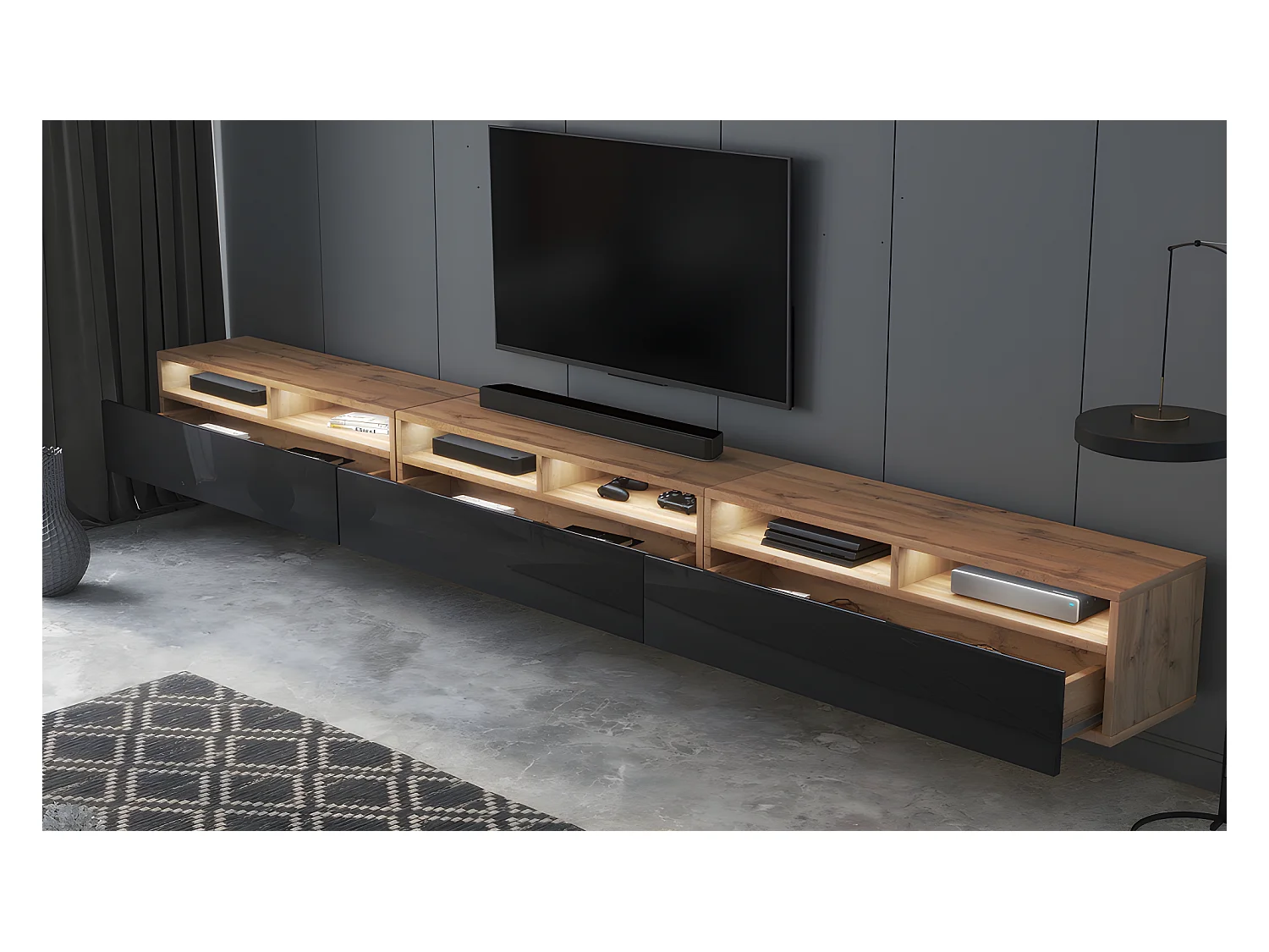 TV-Schrank / modernes TV-Board mit drei Schubladen, stehend / hängend, 300 cm breit (Wotan Eiche Matt / Schwarz Hochglanz mit LED) - Rednaw