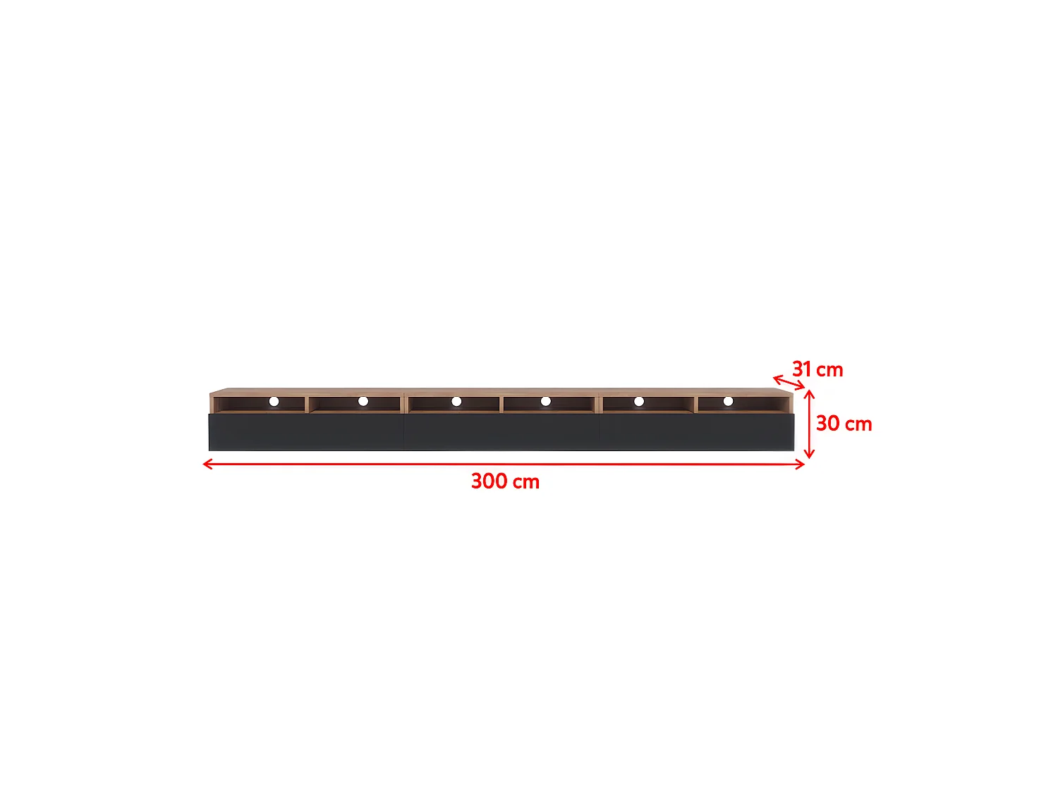 TV-Schrank / modernes TV-Board mit drei Schubladen, stehend / hängend, 300 cm breit (Wotan Eiche Matt / Schwarz Hochglanz mit LED) - Rednaw