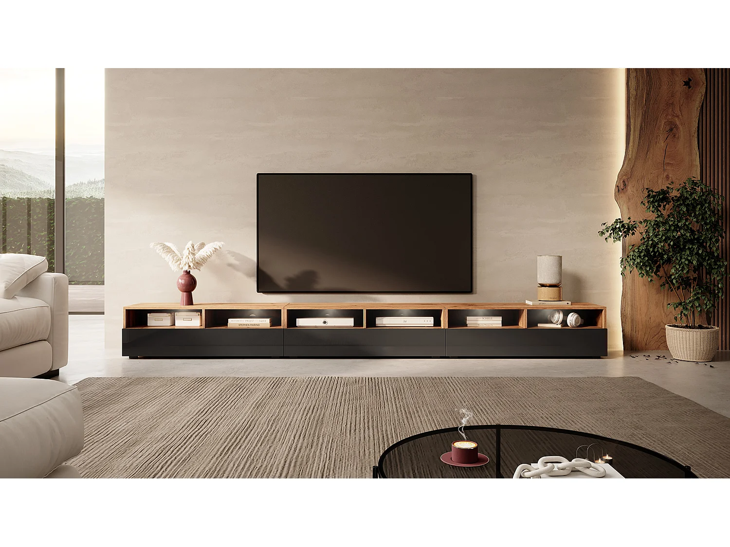 Meuble TV - 3x100 cm - chêne wotan / noir brillant - avec LED - REDNAW