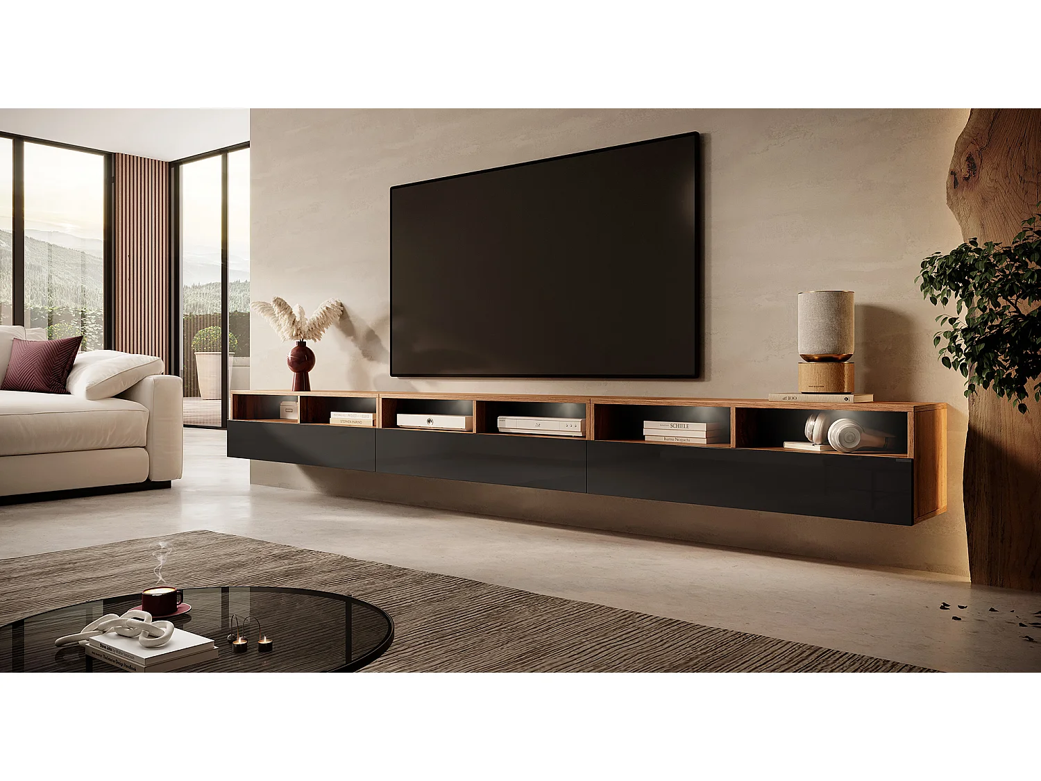 Meuble TV - 3x100 cm - chêne wotan / noir brillant - avec LED - REDNAW