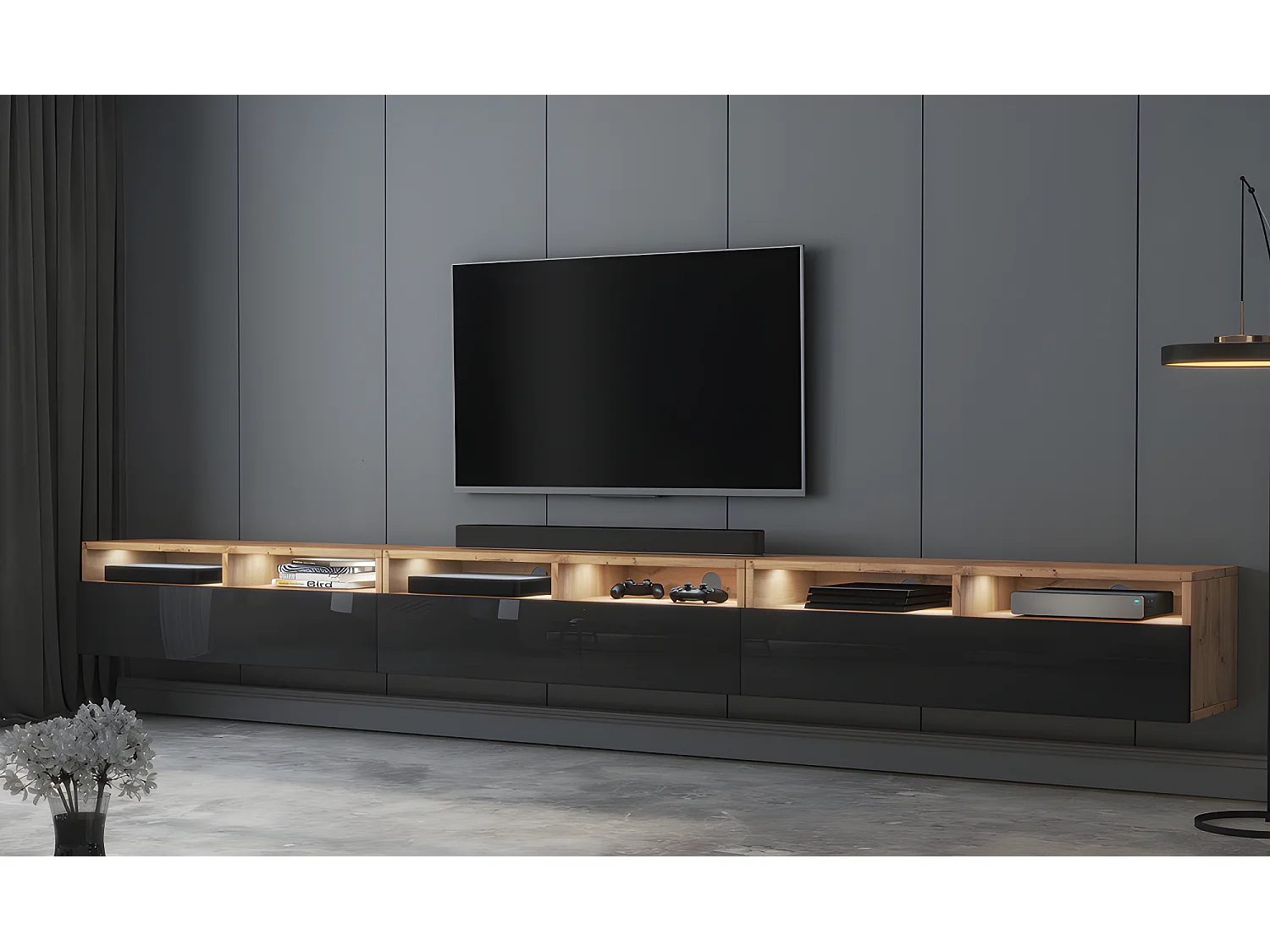 Meuble TV - 3x100 cm - chêne wotan / noir brillant - avec LED - REDNAW